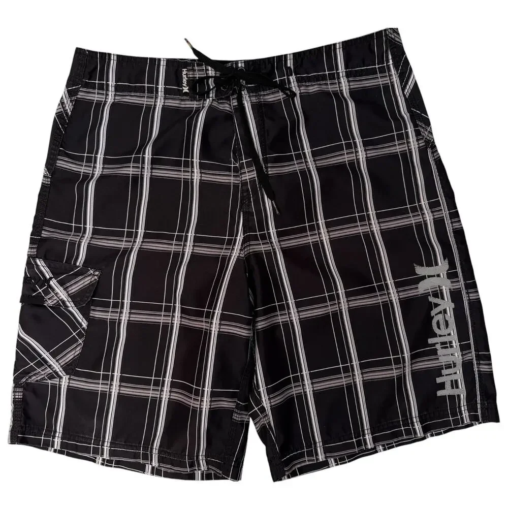 Hurley Board Shorts Mens 34 Black Plaid Swim Surf Shorts